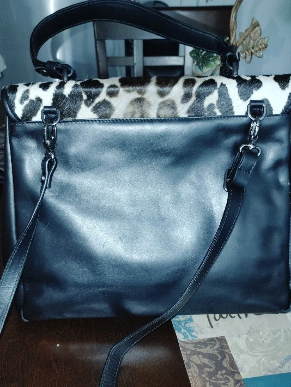 Cavalcanti Leopard Print Top-Handle Satchel in Black and White,Leather